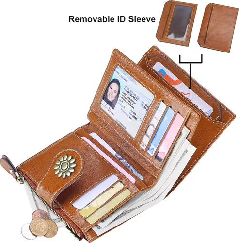 Miniatura 2 de Lavemi Cartera de cuero para mujer, pequeña, compacta, con bloqueo RFID, con bolsillo con cremallera