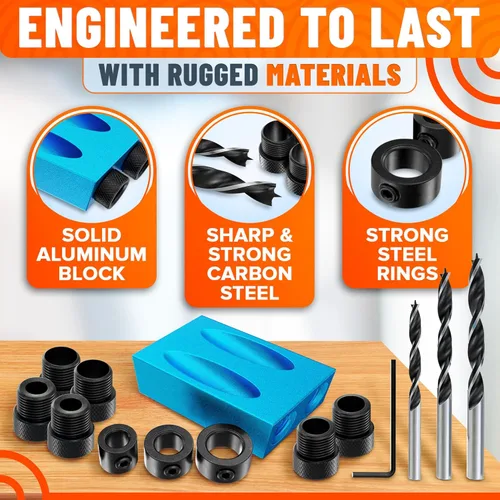 Miniatura 3 de Kit de plantilla de agujero de bolsillo compacto de 14 piezas con guía de taladro de ángulo de 15° - Construye juntas fuertes con tornillos ocultos.