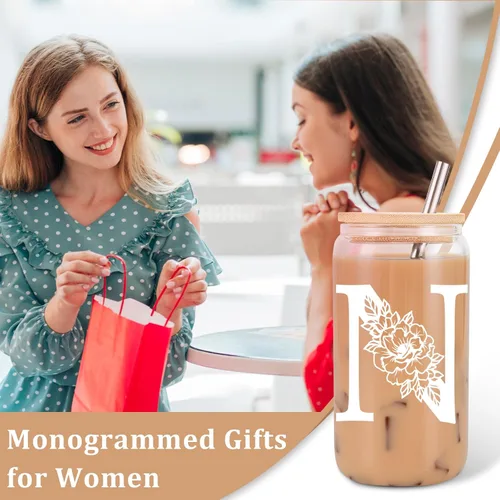Miniatura 3 de Taza de Vidrio Inicial Coolife, Regalos Personalizados para Mujeres, Tazas de Vidrio de 16 oz con Tapas y Popotes, Vaso de Café Helado, Licuado