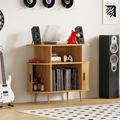 Miniatura 7 de Soporte para tocadiscos de 35.4 pulgadas con almacenamiento, gabinete de almacenamiento de discos de vinilo y consola multimedia con capacidad