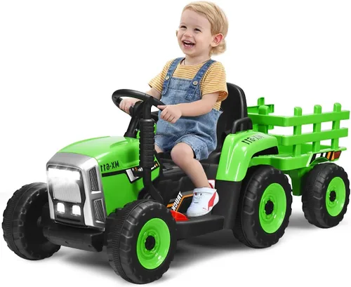 Miniatura 13 de OLAKIDS Tractor de paseo para niños de 12 V, vehículo eléctrico 2 en 1 con control remoto, remolque desmontable, juguete de conducción a batería Rojo