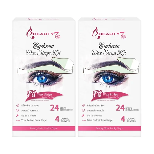 Beauty7 Kit de tiras de cera para piel sensible, depilación facial para cejas, labios, 24 tiras y 4 toallitas de aceite calmantes, depilación en 2