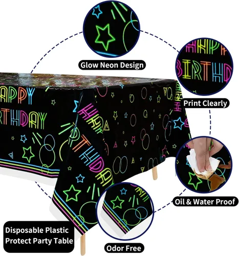 Miniatura 3 de Paquete de 3 suministros para manteles de fiesta que brillan en la oscuridad, mantel desechable de plástico neón, mantel rectangular con estampado