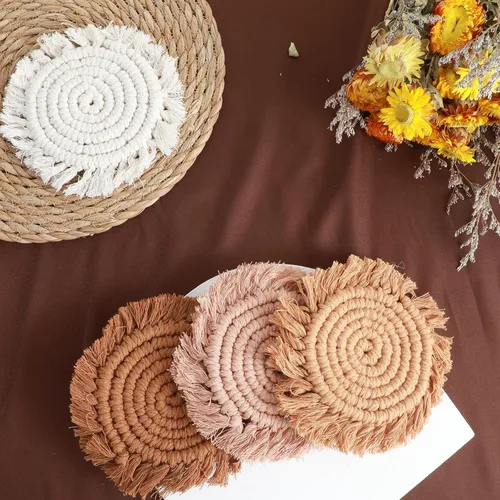 Miniatura 7 de 4 posavasos de macramé bohemios, hechos a mano con bordes de borlas, para café, hogar, cocina, oficina, decoración de mesa