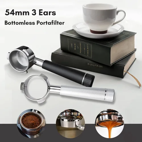 Miniatura 5 de Portafiltro sin fondo de 2.126 in, portafiltro sin fondo espresso con 3 orejas, con anillo de silicona y cesta de filtro, mango de aleación