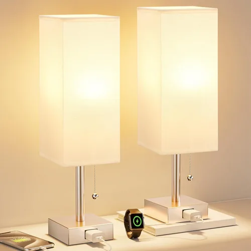 Miniatura 17 de Fenmzee Juego de 2 lámparas de noche para dormitorio, pequeña lámpara rectangular para mesita de noche con puerto de carga USB A C, luz