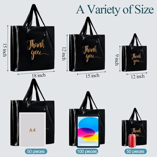 Miniatura 3 de Teling 200 piezas de bolsas de agradecimiento con asas al por mayor, bolsas de mercancía con texto "Thank You" (Agradecimiento) en 3 tamaños, Negro