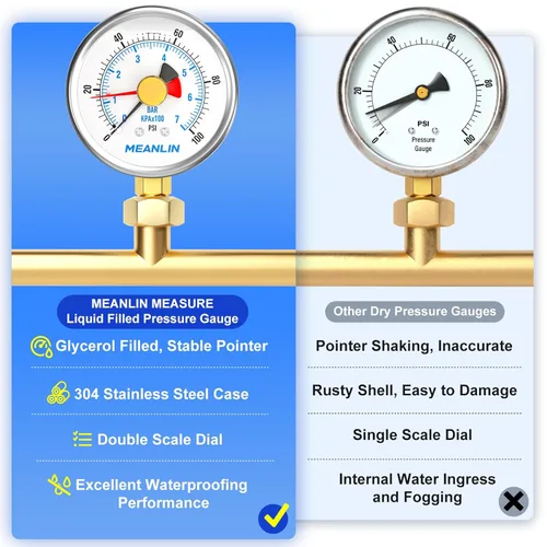 Miniatura 5 de MEANLIN MEASURE 0~100 Psi Manómetro de acero inoxidable con esfera de 2.5 pulgadas con puntero de reinicio, relleno de líquido, WOG para agua