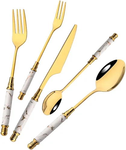 Miniatura 10 de JASHII Fancy Silverware - Juego de cubiertos de acero inoxidable dorado, juego de cubiertos de espejo, cuchillo y tenedor, cuchara, cucharadita