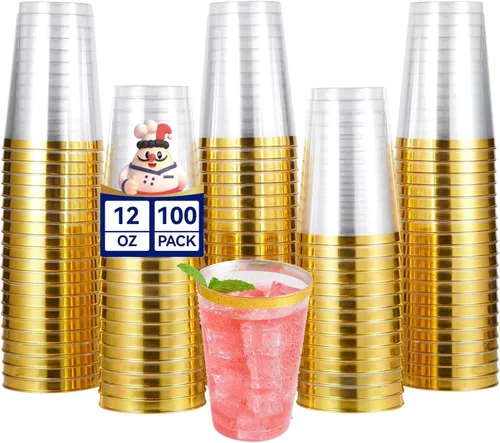 Miniatura 10 de JOLLY CHEF Paquete de 100 vasos desechables de plástico plateado, vasos tipo tumbler de plástico transparente de 12 onzas, elegantes vasos