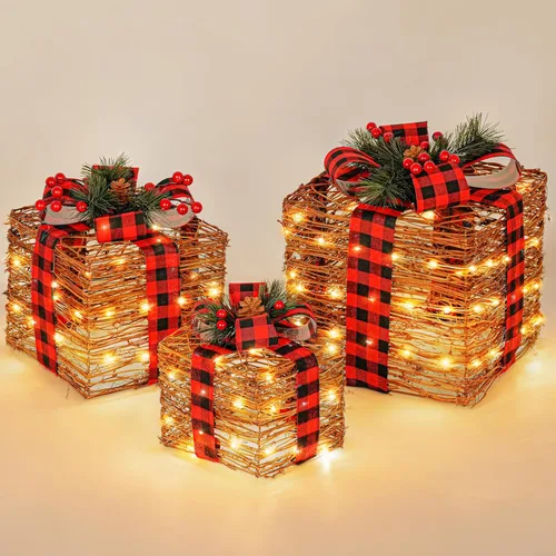 LAWOHO - Juego de tres cajas de regalo de iluminación navideña de tres piezas de 31 cm, cajas de regalo LED operadas por batería y USB con imitación