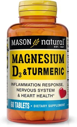 MASON NATURAL Magnesio y vitamina D3 con cúrcuma - Corazón saludable y sistema nervioso, fortalece los huesos y los músculos, mejora la salud de las