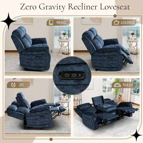 Miniatura 6 de Sofá reclinable eléctrico con gravedad cero, sillón reclinable eléctrico con reposacabezas ajustable, carga inalámbrica, puertos USB/C, sofá Azul