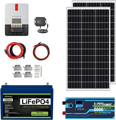 ExpertPower Kit de energía solar de 1.3KWH 12V | LiFePO4 12V 100Ah, paneles solares mono de 200 W, controlador de carga solar MPPT de 20 A, cargador