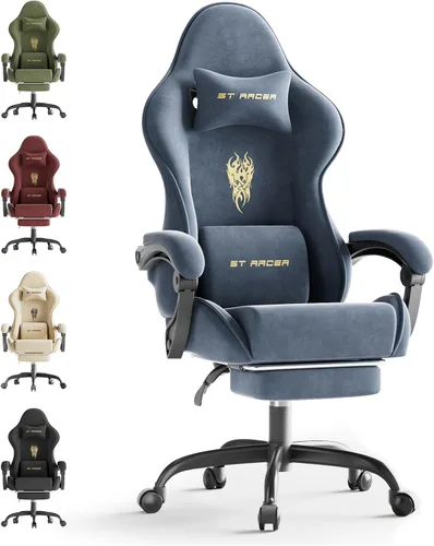 Miniatura 10 de Huracan Silla de juegos de tela de terciopelo con reposapiés para adultos, sillas ergonómicas para juegos con base de masaje, silla reclinable