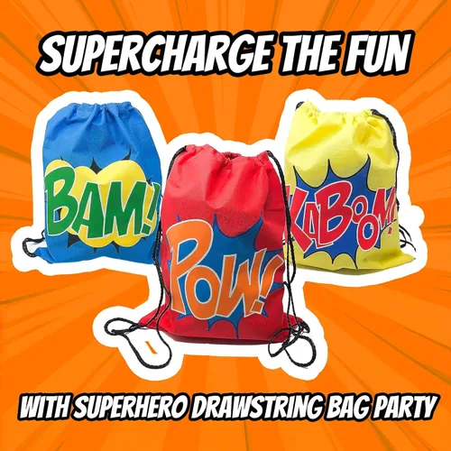 Miniatura 7 de Podzly - 12 bolsas de superhéroes con cordón para fiestas - Lindas mochilas con cincha para niños, niñas, niños - Bolsas de regalo de cumpleaños