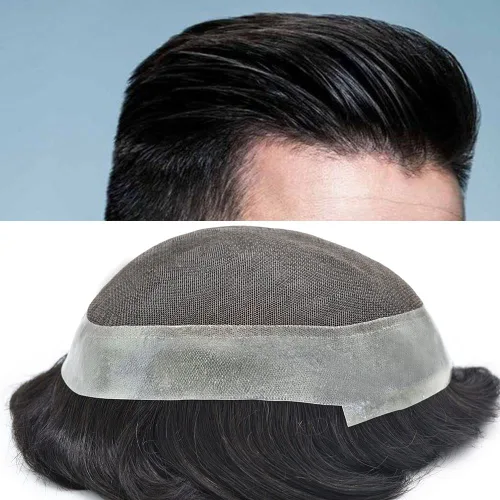Miniatura 9 de Toupee para hombres, centro de encaje francés, extensiones de cabello humano, sistema de reemplazo de encaje con piel fina, prótesis de cabello gris
