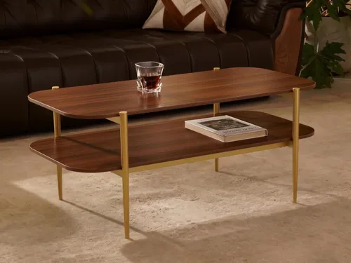 Miniatura 12 de Shrine - Mesa de café rectangular, diseño moderno de mediados de siglo, estructura de 2 niveles, parte superior de vidrio ámbar y estante de MDF