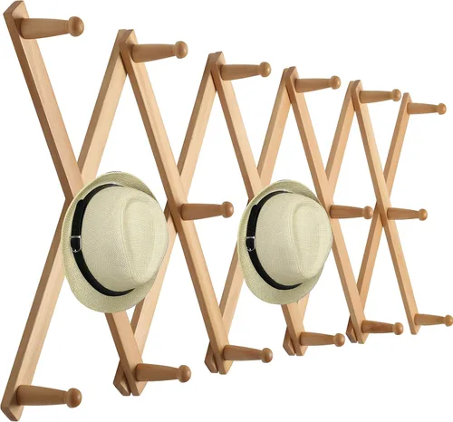 Miniatura 23 de WEBI Acordeón para colgar en la pared, percha de pared para sombreros, acordeón, expandible, de madera, montado en la pared, estante de gancho