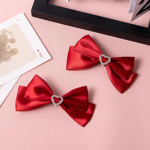Miniatura 6 de Pinzas de lazo de satén rojo, horquillas escolares de Navidad de San Valentín con diamantes de imitación de corazón, accesorios para el cabello
