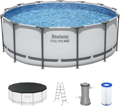 Bestway Steel Pro MAX - Piscina sobre el suelo de 13' x 48", juego de piscina al aire libre con estructura de metal redonda con bomba de filtro,