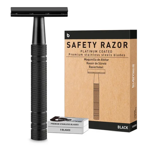 Miniatura 12 de Maquinilla de afeitar de seguridad azul, navajas de una sola hoja para hombres Reusable Metal Razor, with 10 Platinum Coated Double Edge Blades