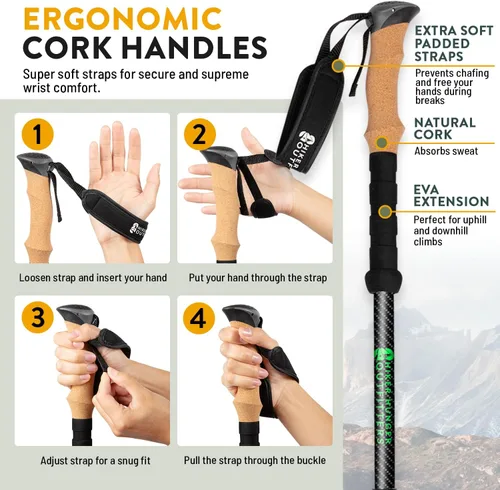 Miniatura 7 de 100% Carbon Fiber Trekking Poles by USA Brand - Ultra Strong Lightweight Collapsible Hiking Poles with Cork and EVA Foam Grips & Quick Adjustable