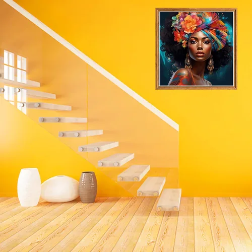 Miniatura 3 de Bimkole Kits de pintura de diamantes 5D, turbante de flores, mujer, taladro completo, mujer africana, juego de bordado de diamantes de imitación