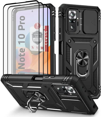 Funda para Xiaomi Redmi Note 10 Pro, Redmi Note 10 Pro MAX con 3 protectores de pantalla de vidrio templado con soporte de anillo integrado + Negro