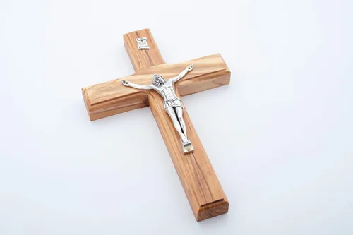 Miniatura 2 de Olive Wood Gifts Shop Cruz católica latina de madera de olivo hecha a mano con metal chapado en plata (crucifijo de 6.3 pulgadas) – Cruz