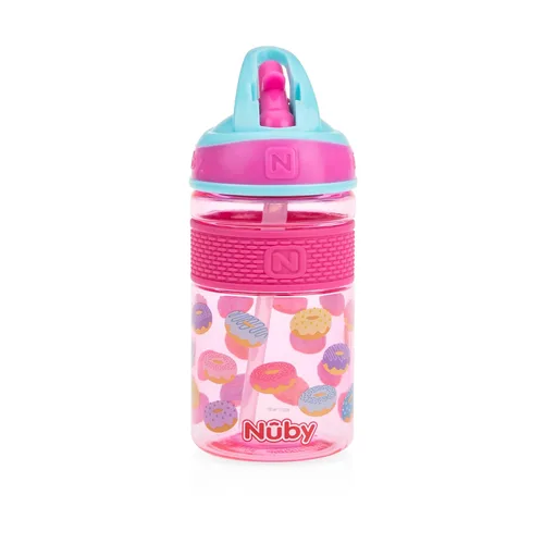 Nuby Thirsty Kids Flip-it Freestyle On the Go Botella de agua con popote duro resistente a las mordeduras y banda de fácil agarre, rosquillas rosas,
