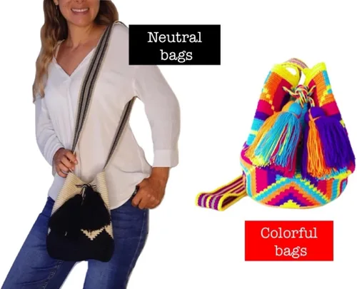 Miniatura 5 de Wayuu - Mochila para mujer, bolso de ganchillo, bolsas bohemias colombianas, hecha a mano con borlas grandes y bonitas, Azul y beige-mediano, M