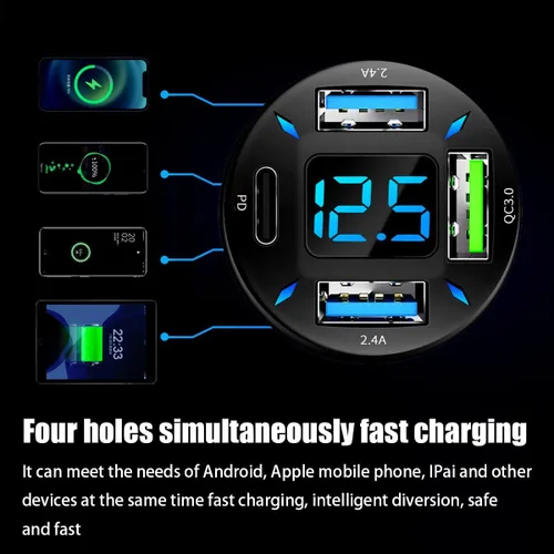 Miniatura 4 de Ankuee 4 Ports USB Car Charger, 66W Super Fast Charging with QC 3.0, PD 20W and USB 2.4A Charger Adapter, Quick Charge with LED Voltmeter, Auto 1pcs