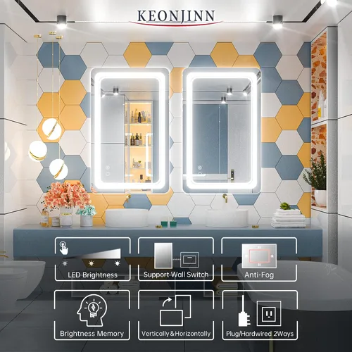 Miniatura 7 de Keonjinn Espejo de baño LED de 40 x 24 pulgadas, espejos con luces, espejo de tocador iluminado, luces regulables antivaho montadas en la pared