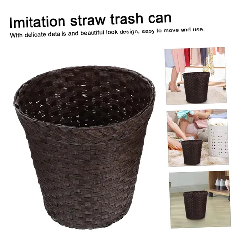 Miniatura 8 de Garneck Recipientes de basura de paja de imitación con tapas, cubo de basura de bambú personalizado, pequeño bote de basura automático para baño