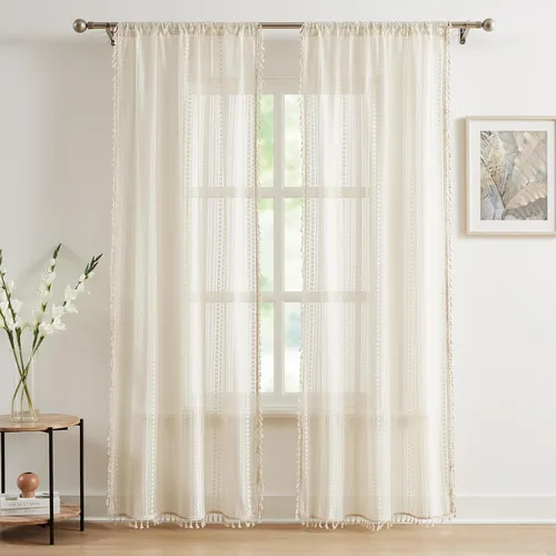 Miniatura 9 de Paneles de cortina cortos de encaje blanco transparente con borlas, cortinas bohemias para sala de estar, diseño de patrón geométrico bordado