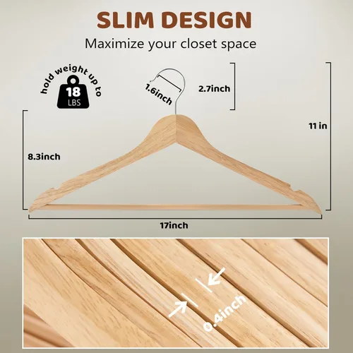 Miniatura 5 de Edergoo Paquete de 20 perchas de madera duraderas con gancho giratorio de 360° y muescas, percha delgada de madera para armario, color natural