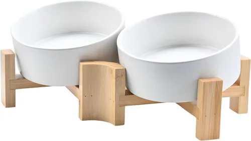 Miniatura 38 de SPUNKYJUNKY Cuenco de cerámica inclinado de 15° para perros y gatos con soporte de madera, cuenco inclinado para comida y agua para bulldog Blanco