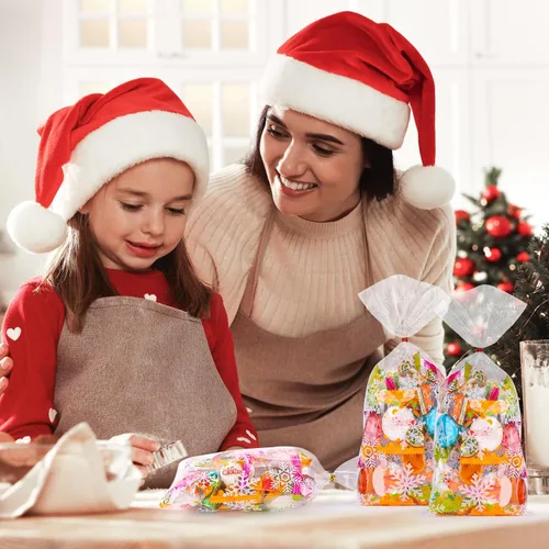 Miniatura 5 de FUSHENMU 120 bolsas de caramelo de celofán de copo de nieve, bolsas de celofán transparentes de Navidad con lazos giratorios para Navidad, fiestas