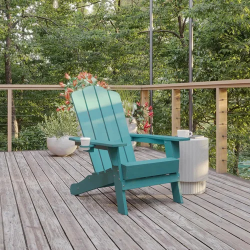 Miniatura 2 de Flash Furniture Newport Adirondack - Silla Adirondack con soporte para tazas, silla Adirondack de poliresina resistente a la intemperie, color azul