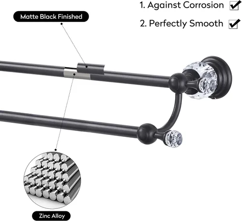 Miniatura 6 de WINCASE Toallero de cristal, toallero ajustable doble negro mate, colgador de toallas de baño, soporte para toallas montado en la pared