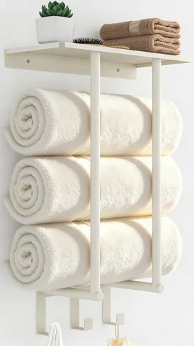 Miniatura 11 de Toalleros para baño, toallero con estante y 3 ganchos, soportes de almacenamiento de toallas de pared para toallas de baño enrolladas, color negro