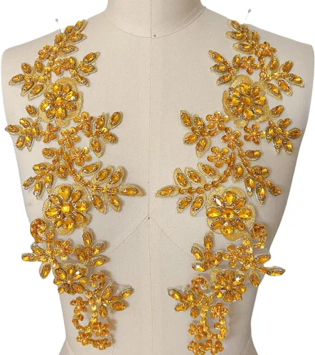 Miniatura 13 de 1 par de parches de encaje con cristales brillantes, cuentas de vidrio y piedras, para coser a mano, accesorios para decoración de vestidos de novia