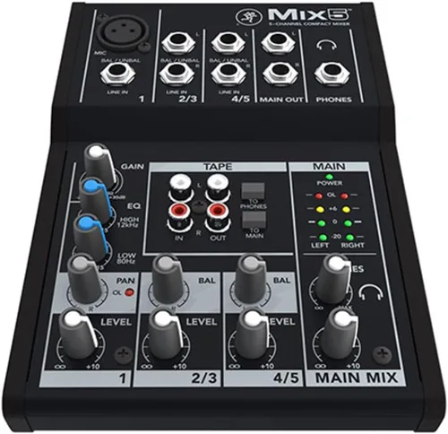 Mackie Mezclador compacto Mix5 de 5 canales, 1 entrada de micrófono/línea, salidas L/R principales, desvanecedores de 8 canales, alimentación