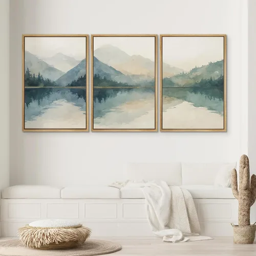 Miniatura 2 de SIGNWIN Lienzo enmarcado para pared, juego de arte tranquilo con reflejo de lago, acuarela, montaña y agua, ilustraciones modernas, arte abstracto