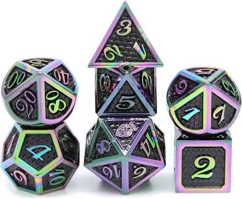 Miniatura 6 de HEIMDALLR Juego de dados DND de metal, 7 piezas, diseño de piel de dragón, tamaño de 0.630 in, logotipo en D20; juego de dados de metal y caja