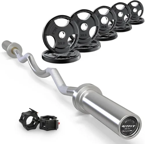 Miniatura 15 de RitFit Barra de rizo EZ de 2 pulgadas con pesas, barra olímpica de capacidad de 350 libras para bíceps y tríceps, entrenamiento de fuerza
