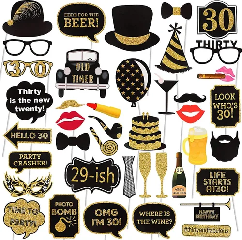 Accesorios para cabina de fotos de cumpleaños número 30 para adultos (41 unidades) para ella, fiesta de cumpleaños de treinta y 30 años,