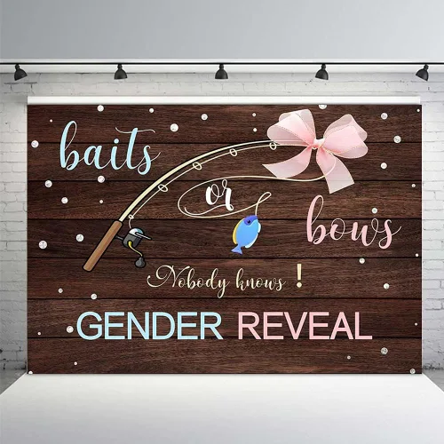 Miniatura 2 de MEHOFOND Fondo de fotos de 7 x 5 pies con texto en inglés "Nobody Knows Gender Reveal", tablero de madera rústica, mesa para tartas, decoración
