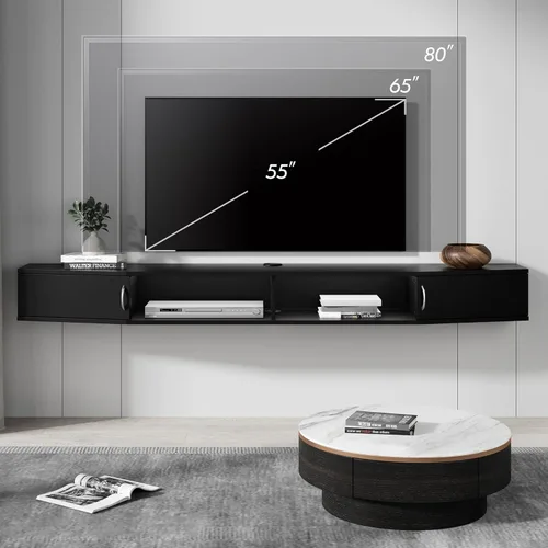 Miniatura 4 de WAMPAT Soporte flotante de TV con estación de carga para televisores de 32 a 80 pulgadas, estante flotante para debajo de la TV, centro de Negro